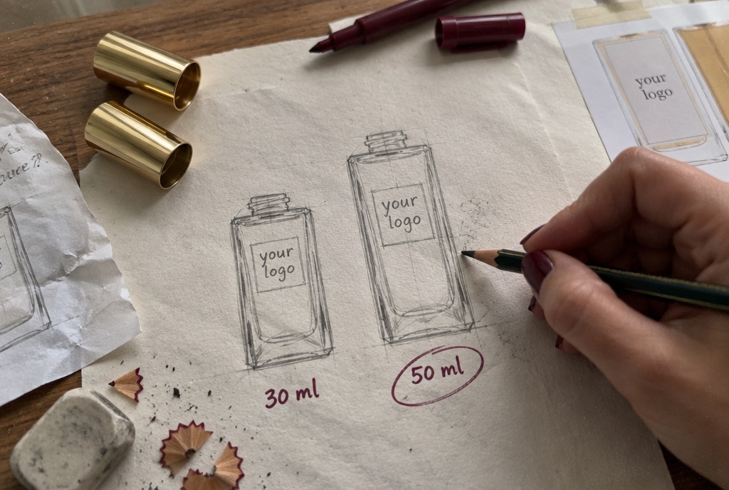 Etiketideeën schetsen voor een nieuw parfumflesje: een hand tekent flesjes van 30 en 50 ml met "your logo"