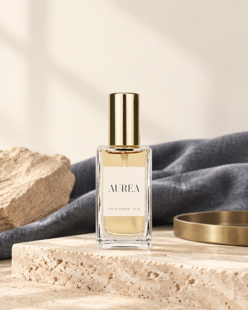 Parfumflesje Aurea met eigen etiket op natuursteen