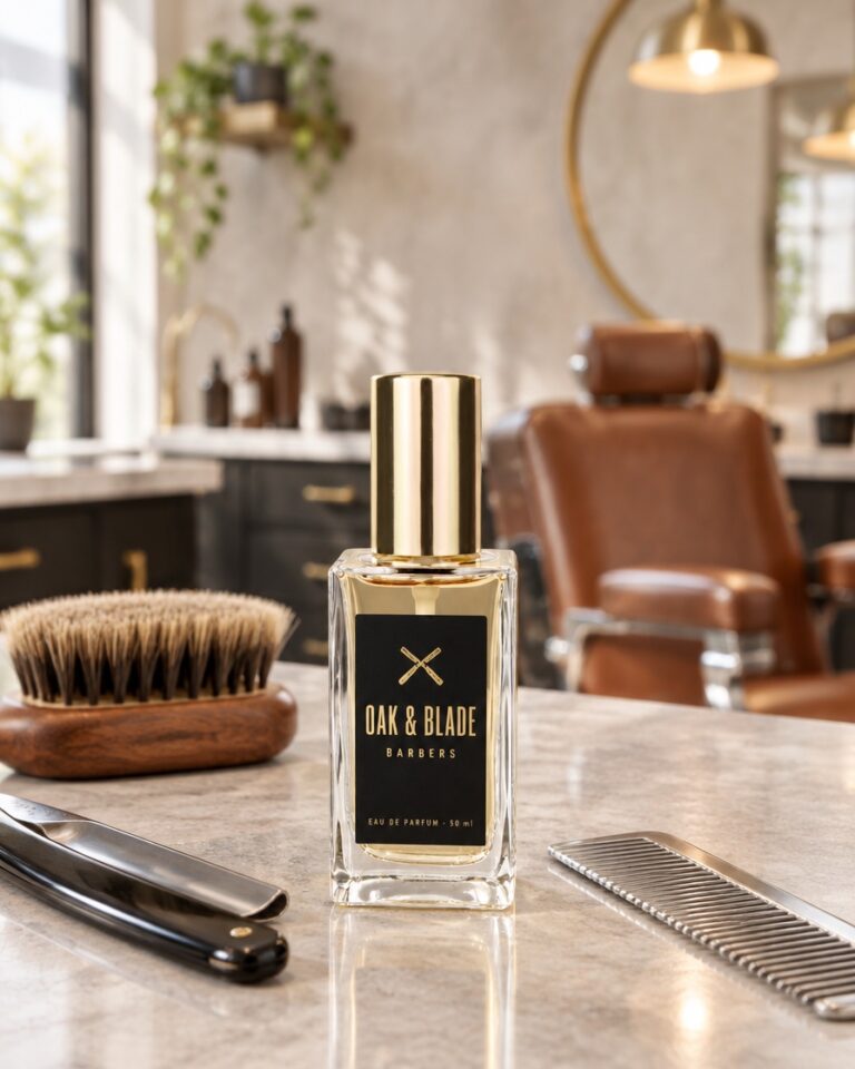Parfumflesje Oak & Blade Barbers met eigen etiket in een barbershop