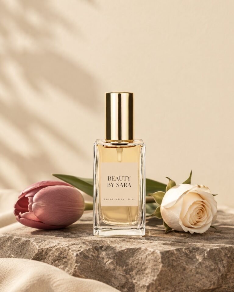 Parfumflesje Beauty by Sara met eigen etiket tussen een tulp en een witte roos