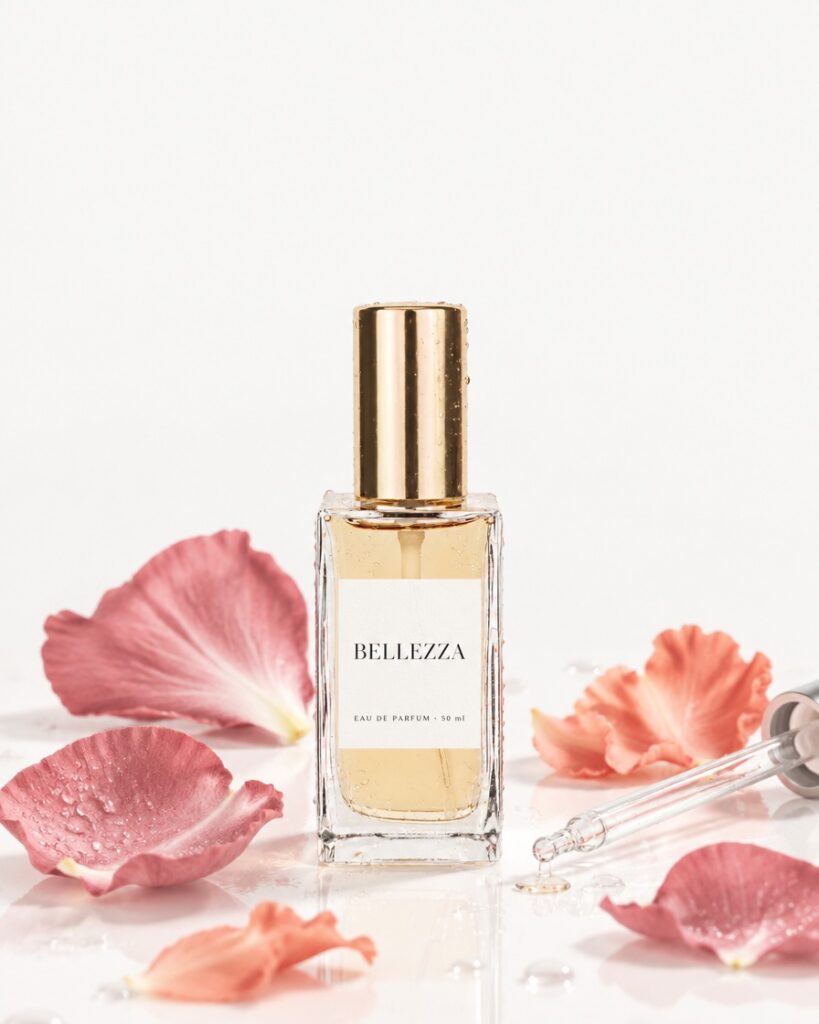 Parfumflesje Bellezza met eigen etiket tussen rozenblaadjes