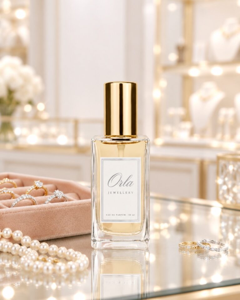 Parfumflesje Orla met eigen etiket in een juwelierszaak