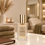 Parfumflesje Soléa met eigen etiket op de balie van een beautysalon