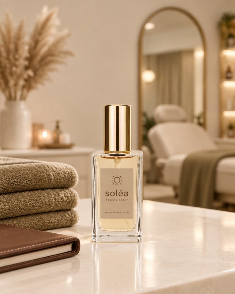 Parfumflesje Soléa met eigen etiket op de balie van een beautysalon
