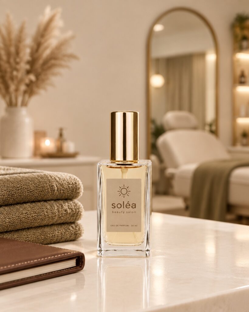 Parfumflesje Soléa met eigen etiket op de balie van een beautysalon